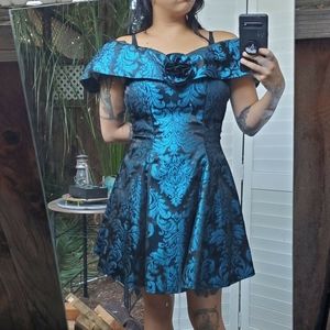 Scott McClintock vintage blue metallic off shoulder baroque damask dress